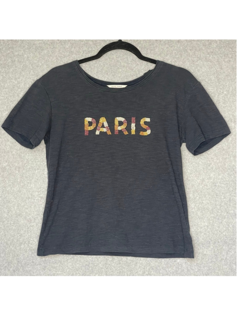 NAF NAF Paris Beaded Graphic Tee Small Black Short Sleeve
